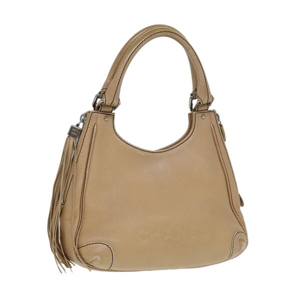 CHANEL Fringe Hand Bag Leather Beige CC - Picture 1 of 16